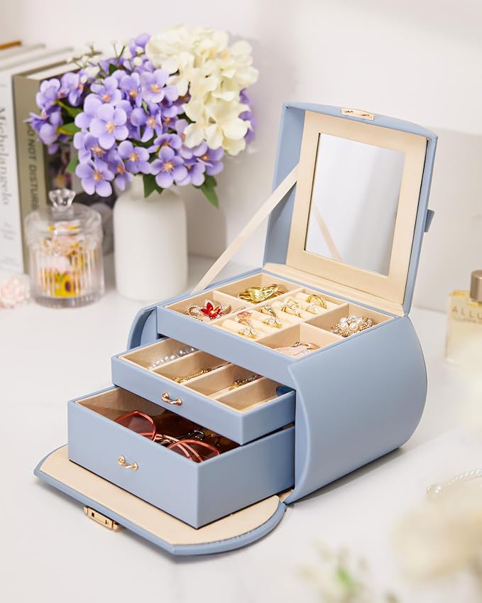Homde Girls Jewelry Box Jewelry Storage Case Organizer Faux Leather with Mirror for Rings, Earrings, Bracelets, Necklaces (Grey Blue) - Gifts for Mother's Day
