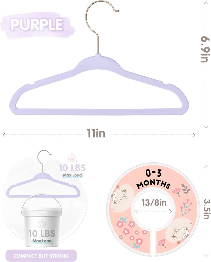 VIS'V Velvet Baby Hangers with 6 Pcs Size Dividers, 11 Inch, Purple, 30 Pcs | Compact Size, Non Slip, Infant Toddler Nursery Closet Organization