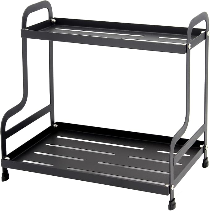 2-Tier Metal Organizer Shelf for Bathroom & Kitchen - Heavy Duty Countertop Storage, Under Sink Cosmetic & Spice Organizer with Non-Slip Base, Easy Assembly