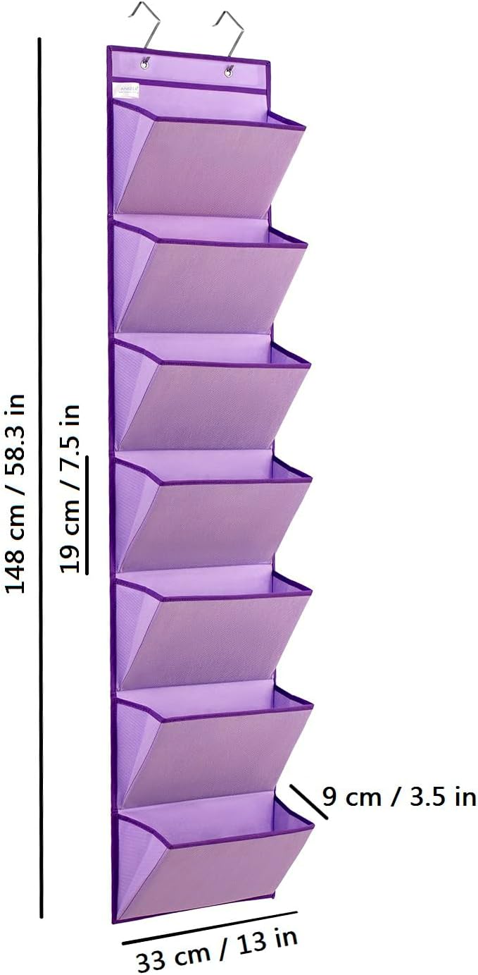 Wall Mounted File Holder Over Door Hanging Mail Organizer Document Storage Bag for Papers Magazines and Books (7 POCKETS-PURPLE)