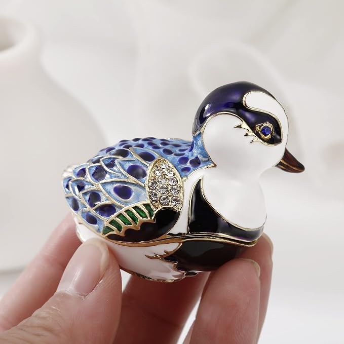 Hand Painted Enamel Duck Trinket Box for Home Decor, Hinged Jewelry Organizer for Ring Earrings, Unique Figurine Keepsake Collectible Personalized Elegant Handmade Ornament Gifts (Blue Cartoon Duck)