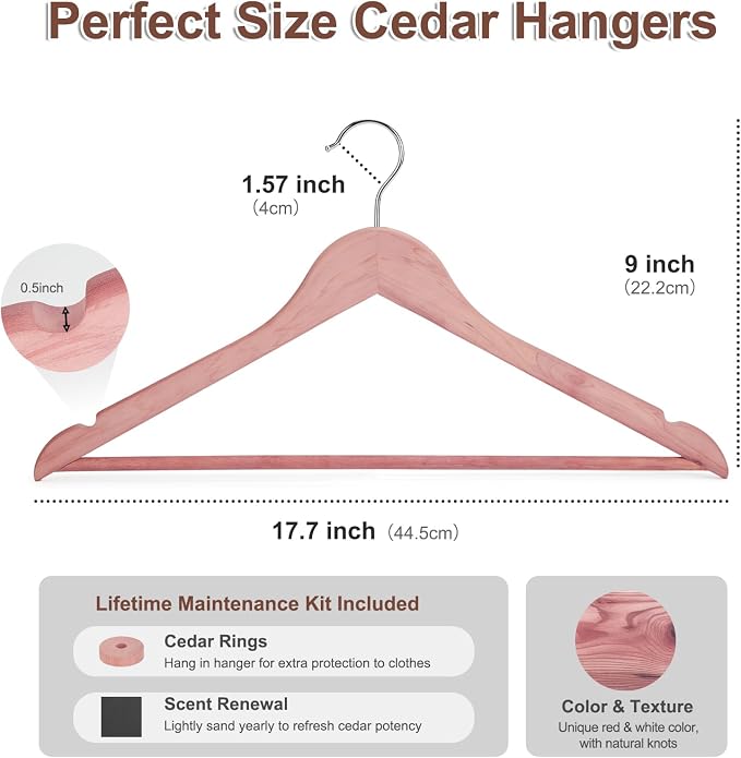 HOUSE DAY Cedar Hangers for Closet 20 Pack, Smooth Cedar Wood Hangers with Rings, 360° Swivel Hook, U-Shape Notched, Non Slip Pant Bar, Sturdy Wooden Clothes Hanger for Coats, Dresses, Suits