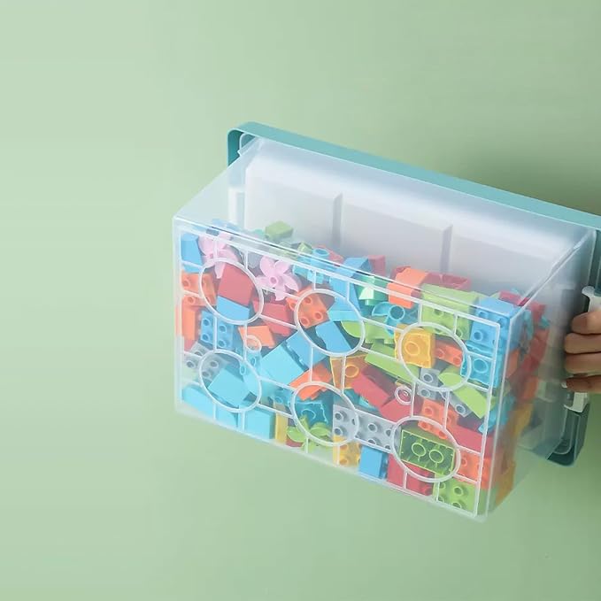 Plastic Storage Bins with Lids - 1 Set Stackable Arts Crafts Organizer Box with Removable Divided Tray &Compatible Building Baseplate,Toy Chest Containers for Bricks -Green(14.37"x9.64"x6.69")