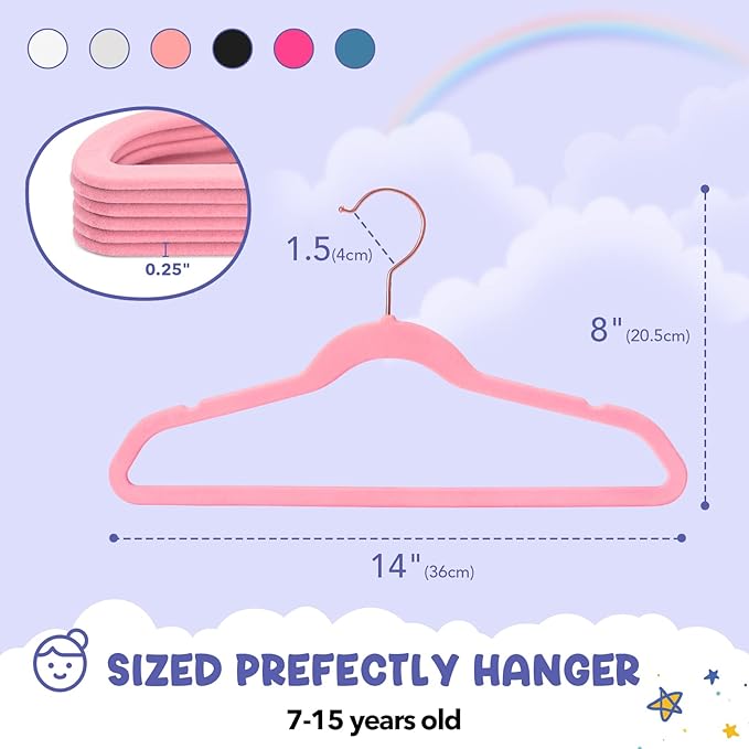 HOUSE DAY Velvet Kids Hangers 60 Pack, Premium Childrens Hangers for Closet, Ultra Thin Cute Clothes Hanger, Non Slip Small Felt Hanger 14 Inch for Kids Clothes, Blush Pink