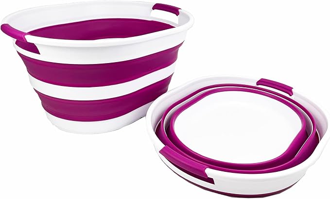 SAMMART 23L (6 Gallons) Collapsible Plastic Laundry Basket - Oval Tub/Basket - Foldable Storage Container/Organizer - Portable Washing Tub (White/Purple (Set of 2))