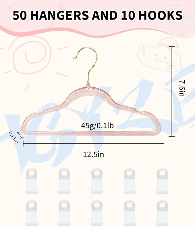 50pcs Slim Clear Toddler Hangers with 10 Connector Hooks for Kid's Closet | Swivel Golden Sparkling Baby Clothes Hangers with Gold Glitter for Infant Coat Outfit, Pink Perchas for Children Gril Nursery