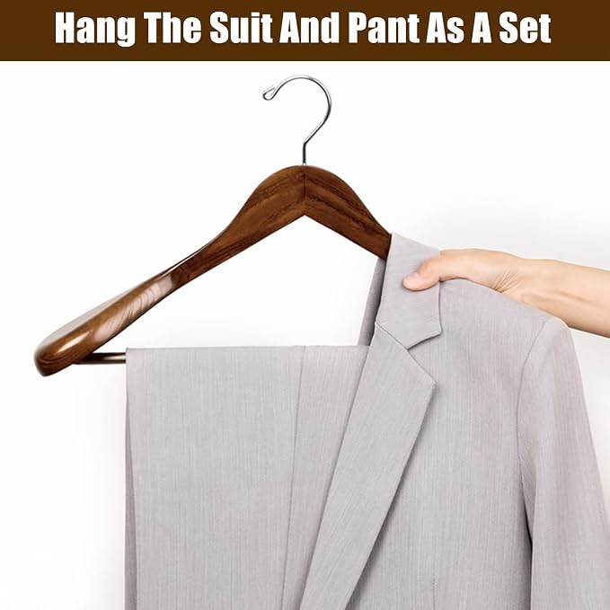 Amber Home 6 Pack Wide Shoulder Wooden Suit Hangers, Walnut | Walnut Wood Coat Hangers with Non Slip Pants Bar, Clothes Hangers for Jackets, Sweaters, Pants & Heavy Clothes