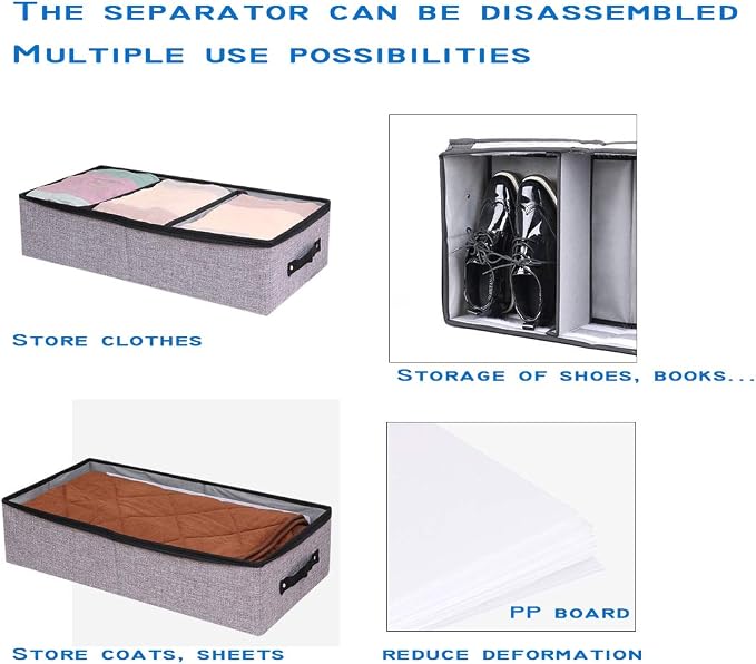 AARAINBOW Foldable Under Bed Clothes Organizer with Lid, Fabric Underbed Storage Container with Adjustable Dividers, Long UnderBed Storage Bins with Handles, Clear Shoes Storage Under Bed (2 Gray)