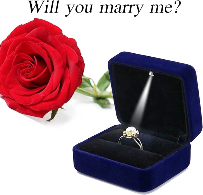 Single Slot Velvet Ring Box for Engagement or Wedding with LED Light - Blue