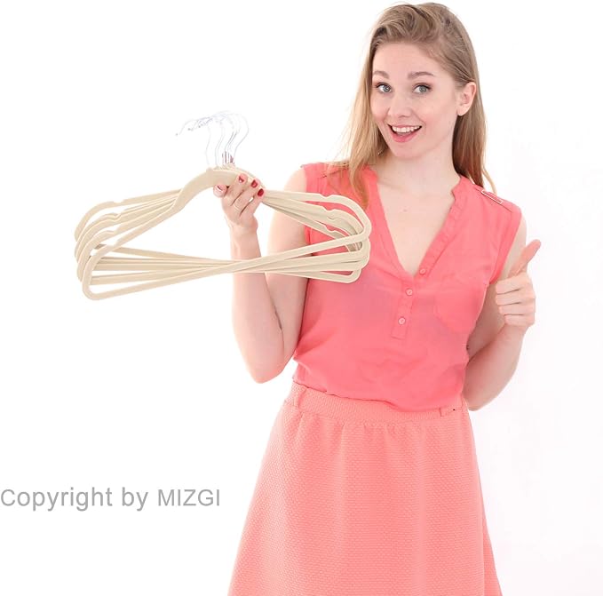 MIZGI Premium Velvet Hangers (50 Pack) - Heavy Duty, Non Slip Felt - Ivory, Chrome Hooks, Space Saving Suit Hangers