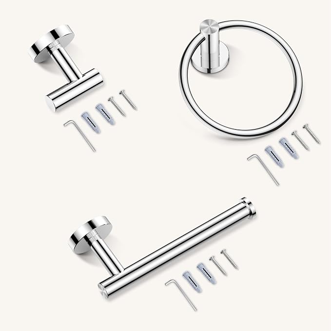 FORIOUS 4 Piece Bathroom Accessories, SUS304 Stainless Steel Toilet Paper Holder, Towel Ring and 2 Towel Hooks, Wall Mounted Bathroom Hardware Set (Chrome)