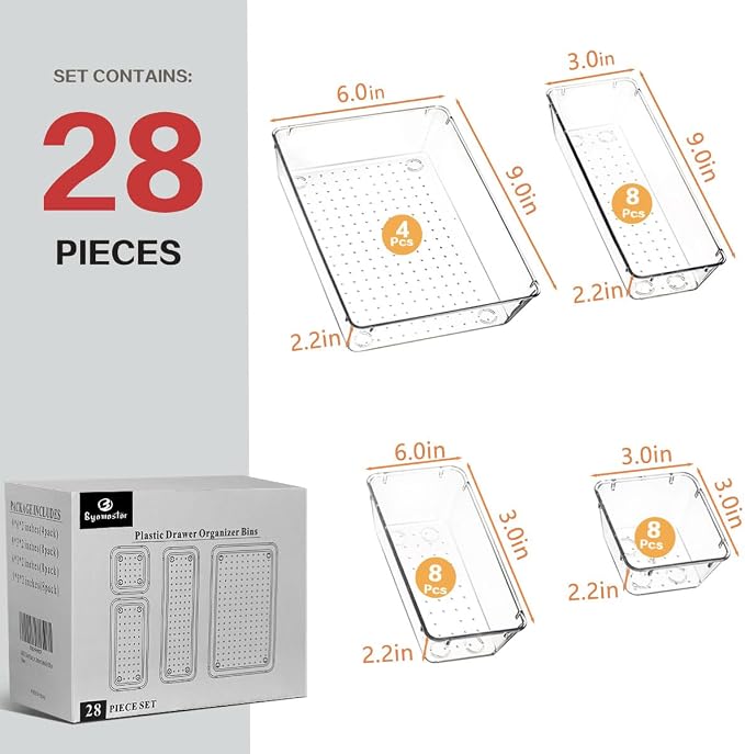 Byomostor 28PCS Clear Plastic Drawers Organizer in 4 Sizes, Ultimate Drawer Organizer Bins for Bathroom, Vanity, Junk Drawer, Office - Store Makeup, Jewelries, Supplies, and Tools with Ease