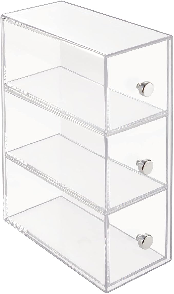 mDesign Plastic Kitchen Pantry Stackable Storage Organizer Container Station with 3 Drawers for Cabinet, Countertop, Holds Coffee, Tea, Sugar Packets, Creamers - Lumiere Collection - Clear