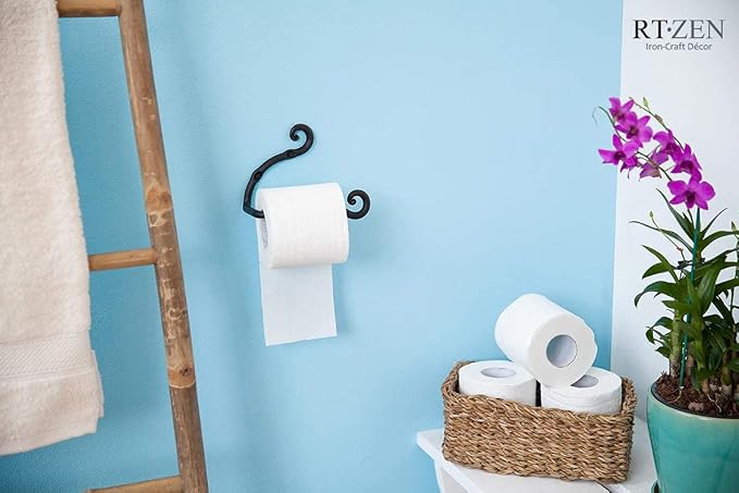 RTZEN Bathroom Toilet Paper Holder - Handcrafted Rustic Wrought Iron Wall Decor Toilet Roll Holder - Black Matte Wall Mount Bar for Modern Farmhouse Bathroom Decor