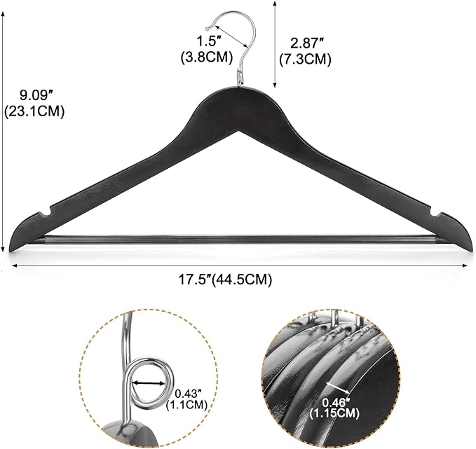 TOPIA HANGER Black Wooden Hangers 30 Pack, Space Saving Coat Hanger with 360° Swivel Cascading Loop Hook, Non Slip Pants Bar and Shoulder Notches for Camisole, Jacket, Suit, Clothes Hangers -CT74B30