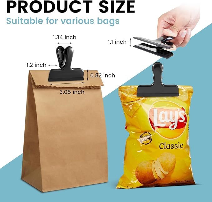 Chip Bag Clips, 9 Pack Heavy Duty Black Stainless Steel Food Sealer Clips with Silicone Cover, Strong Grip for Snacks, Food Storage, Kitchen & Pantry Organization (3 Large +6 Small)