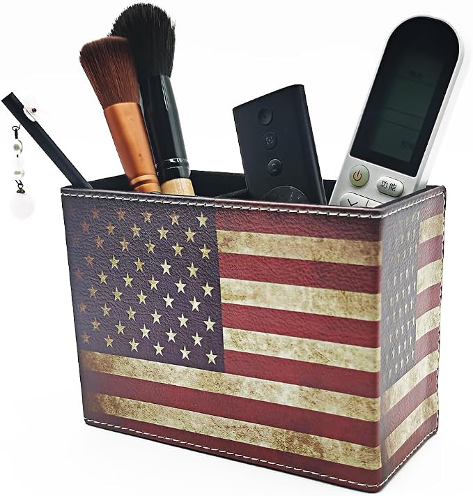 Pen Holder, Rectangle Vintage Pencil Holder with 2 Compartments, PU Leather Art Remote Control Holder Organizer Storage for Desk Accessory (American Flag)