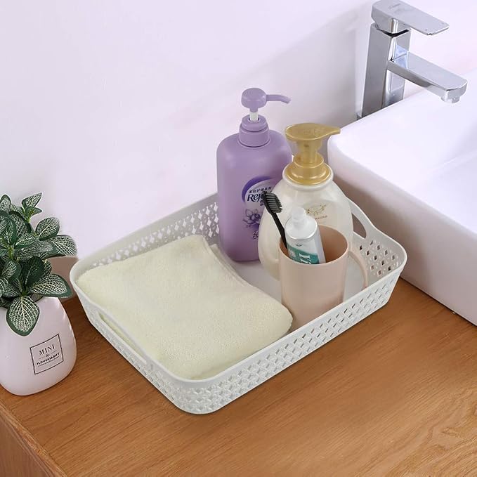 White Plastic Storage Basket Tray, Pack for 6 (Large)