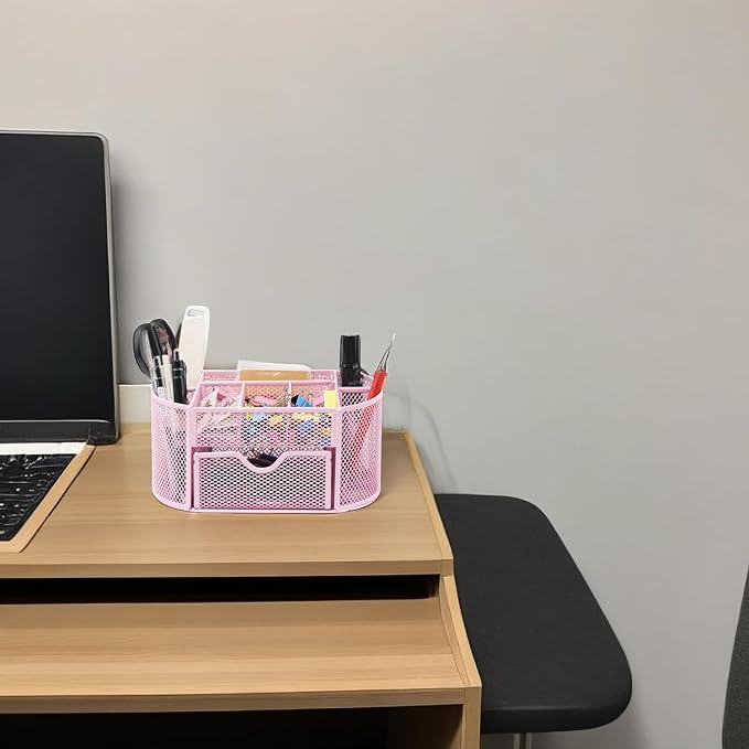 Newkita Desktop Organizer with Pencil Pen Holder and Accessories Offering 8 Compartments and 1 Drawer for Home, School and Office. (Cherry Blossom Pink)