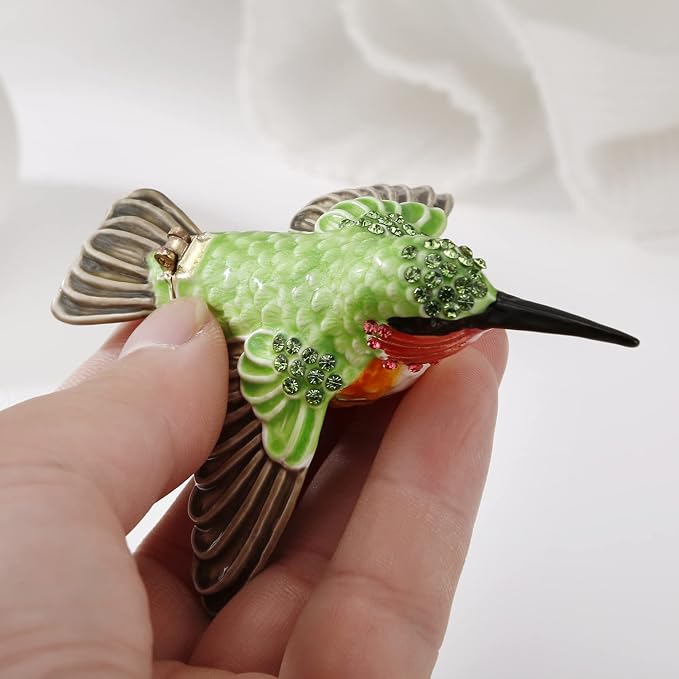 Hand Painted Enamel Hummingbird Trinket Box for Home Decor, Hinged Jewelry Organizer for Ring Earrings, Unique Figurine Keepsake Collectible Personalized Handmade Ornament Gifts (Green Hummingbird-1)