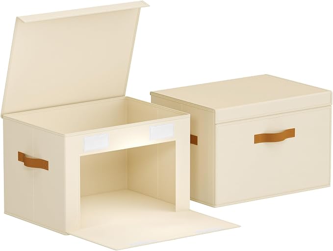 Homsorout Large Storage Bins with Lids - Front Opening Fabric Storage Bins, Flap Closet Organizer with Handles, Collapsible Boxes with Lid, Decorative Basket for Home, Dorm, 2 Pack, Beige