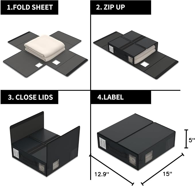Aokeyee Bed Sheet Organizers and Storage 4 Pack (Queen or King Size), Foldable Storage Bins Closet Organizers and Storage Containers for Duvet Covers, Blankets, Pillowcases, bedding clothes, Black