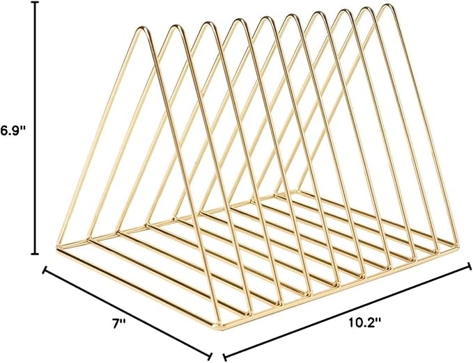 Sooyee 9 Slot Gold Magazine Holder, Desktop File Sorter Organizer Triangle Bookshelf Decor for Home Office, 10.2" L x 7" W x 6.9" H, Iron Wire