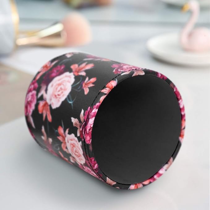 Pen Pencil Holder, WAVEYU Floral Flower Pattern Pen Cup Container PU Leather Desk Organizer Stand Decor Brush Scissor Holder Desk Organizer Decoration for Office Desk Home Decorative, Floral