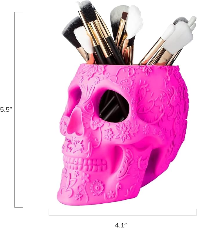 Skull Makeup Brush Holder, Pen Holder, Vanity, Desk, Office Organizer, Stationary, Decor Planter, Candy Bowl, Goth Decorations, Extra Large, Skulls Gothic Skull & Bones Organizer Bathroom (Pink)