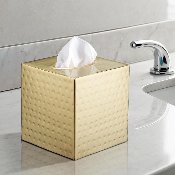 Monarch Abode Tissue Box Cover Square – Hand Hammered Brushed Gold Metal Tissue Holder Box for Bathroom Accessory, Aesthetic Decorative Facial Napkin Cube for Modern Home Decor
