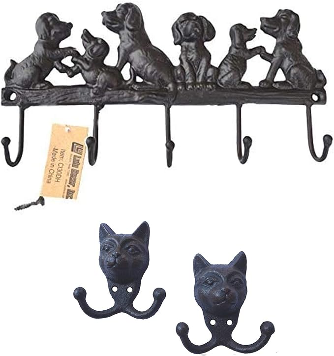 Lulu Decor, Cast Iron 5 Dog Key Hooks and 2 Cat Face Dual Hooks, Ideal for Dog & Cat Lovers (Antique Black)