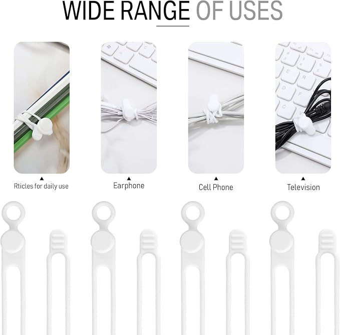 Nuanchu 40 Pcs Silicone Cable Ties Reusable Holder Adjustable Straps Multipurpose Charging Cable Organizer for Fastening Charging Cords Wires(4.17 Inch,White, Gray)