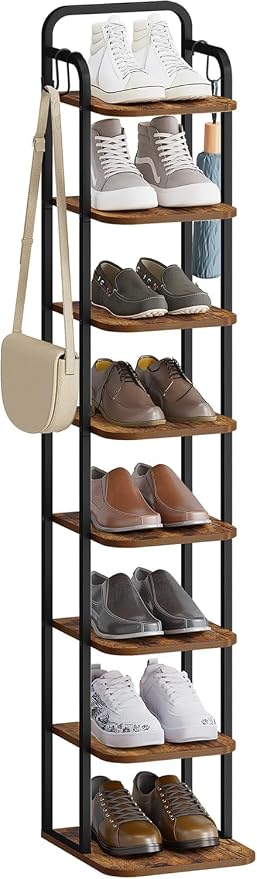 Hzuaneri 8 Tiers Vertical Shoe Rack, Narrow Shoe Tower, Tall Shoes Shelf with 2 Hooks, Adjustable Shelves, Corner Shoes Shelves for Small Spaces, Entryway, Living Room, Rustic Brown SR04301B