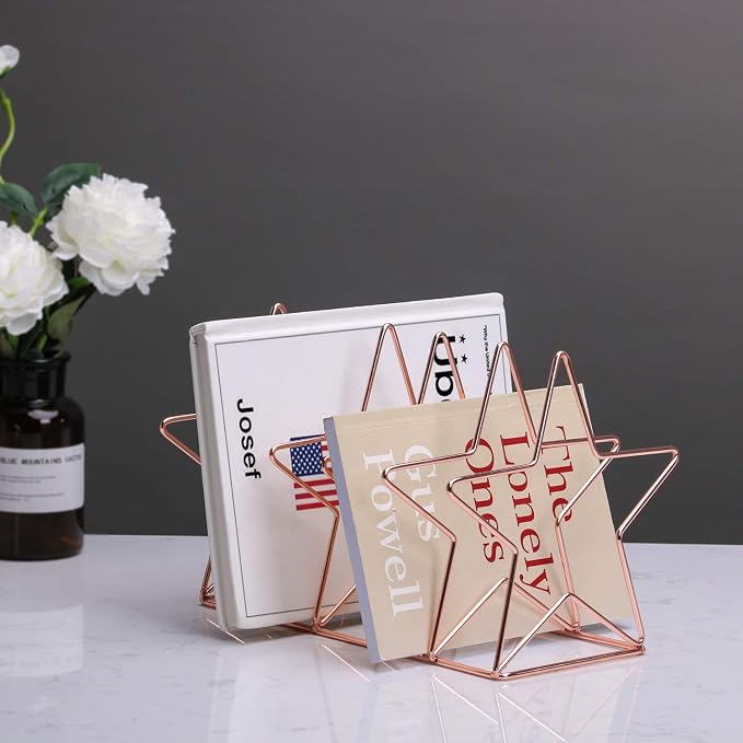 Magazine Holder File Sorter, Metal 5 Slot Desk Organizer Rack for Document, Folder, Letter and Book, Rose Gold, Pentastar Shape
