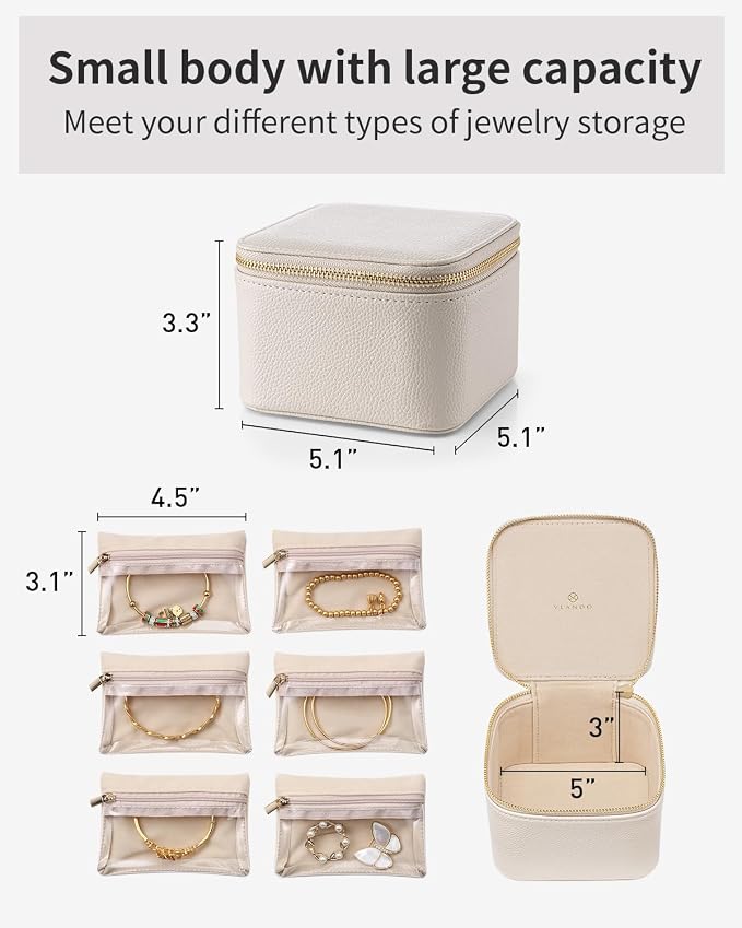VLANDO Travel Jewelry Organizer Case with 6 Clear Velvet Zipper Pouches, Faux Leather Jewelry Storage Box for Rings, Earrings, Necklaces and Bracelets, Gift for Women