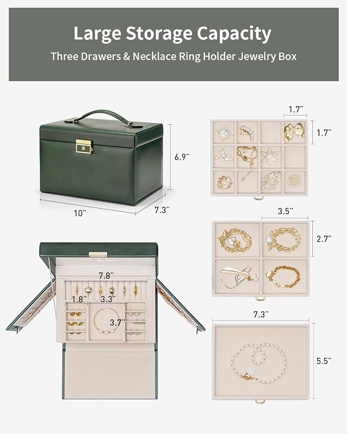 VLANDO Jewelry Box for Girls, 4-Tier Jewelry Organizer with Lock, Mirror Jewelry Box for Earring, Ring, Necklace and Bracelets - Green