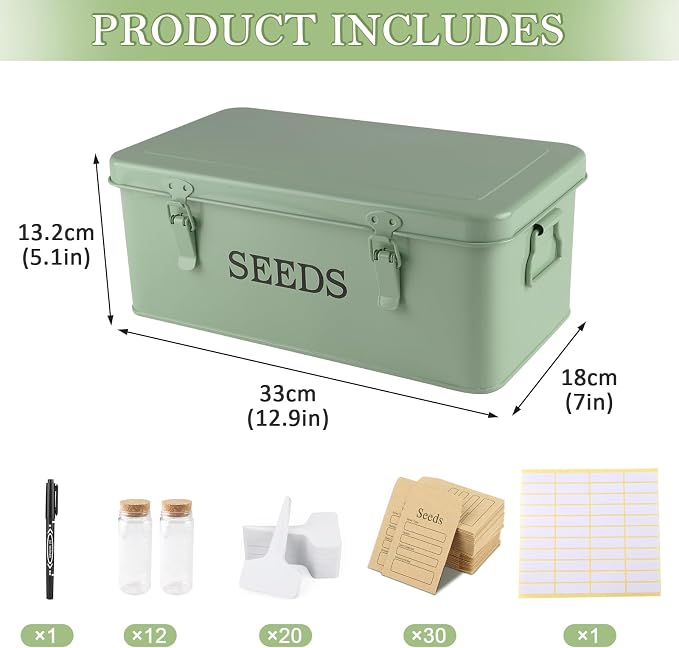 Seed Storage Organizer, 4 Compartment Seed Storage Box with Safety Lock, Metal Seed Box Seed Packet Container with 1 Pen, 12 Slots, 20 Plant Labels & 30 Seed Envelopes, Green Gardening Gift