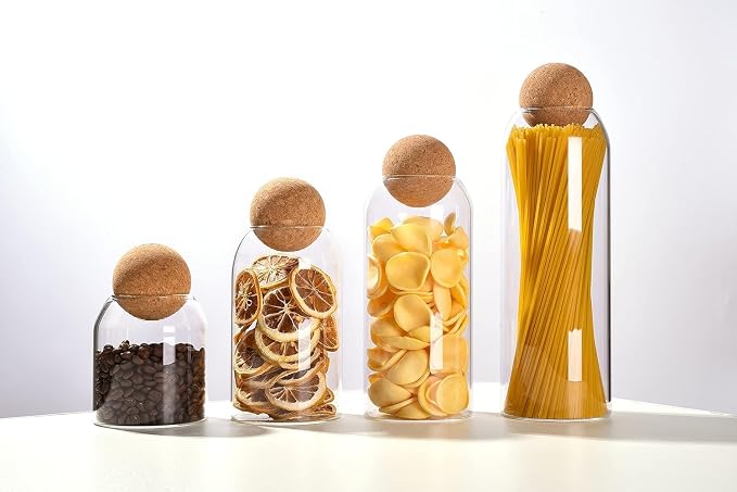 4 Pack Lead-free glass bottle sealed jar with spherical cork , nut storage coffee bean Mason Jars Food Storage Canister for Serving Spice Sugar Salt Tea Coffee