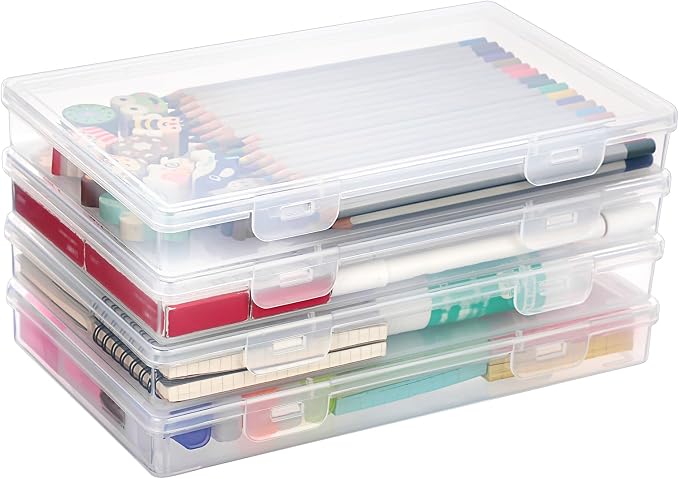 BTSKY Clear Plastic Storage Box with Flap Lid, Multipurpose Craft Organizers and Storage Box Art Supply Storage Organizer Plastic Sewing Box for Beads Pencils Sticky Notes, 4 Pack Medium Small