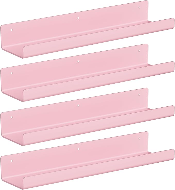 upsimples 4 Pcs 15" Acrylic Shelves for Wall Decor and Display, Pink | Cute Floating Shelf for Perfume, Skincare, Nail Polish, Wall Organizer for Bedroom, Living Room, Playroom, Room Décor
