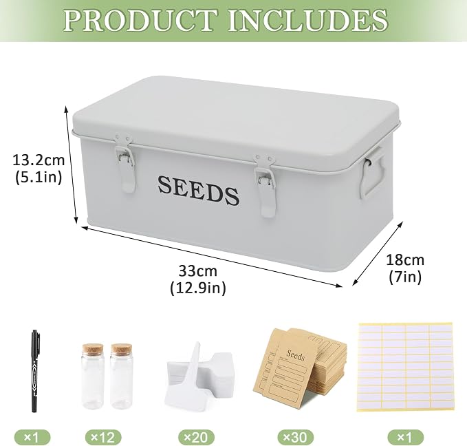 Seed Storage Organizer, 4 Compartment Seed Storage Box with Safety Lock, Metal Seed Box Seed Packet Container with 1 Pen, 12 Slots, 20 Plant Labels & 30 Seed Envelopes, White Gardening Gift