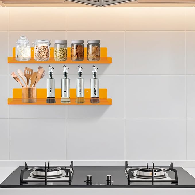 Dezzer 6 Pack Acrylic Shelves for Wall, 15" Acrylic Floating Shelves for Bathroom Bedroom, Invisible Bookshelf Wall Ledge Storage Shelf Books Perfume Toys Action Figure Display Shelves, Clear Orange