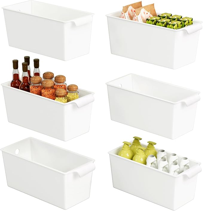 Plastic Storage Bins 6 Pack, Front Handle Design, 11"x5" Pantry Organization and Storage Open Top Baskets for Shelves Closet Cabinet Sink Counter Cupboard Drawer Rridge (White)