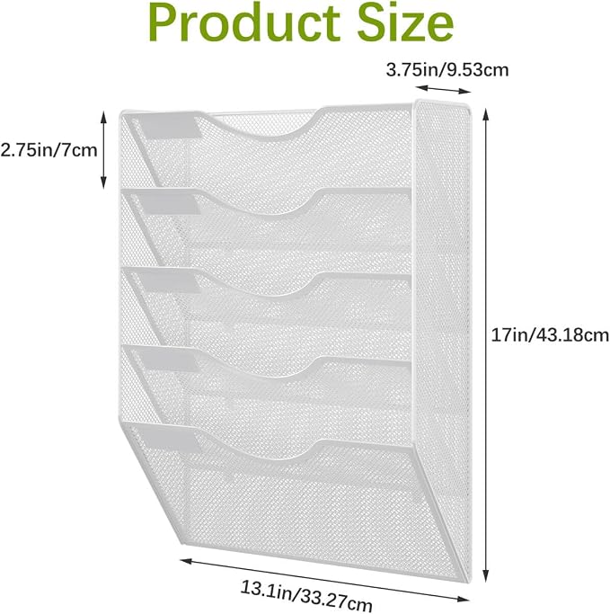 EasyPAG Wall File Organizer 5 Tier Hanging Paper Folder Holder, Zero Assembly Metal Mesh Wall Mounted Mail Organizer for Office Home Classroom Narrow Spaces, White