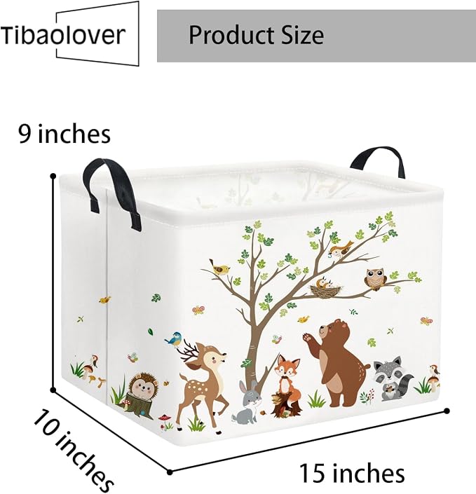 Rectangular Kids Storage Basket Baby Storage Basket with Handles for Home Kitchen Boys and Girls Cute Toy Storage Bin Organizer Shelf Book Room Decor(Tree Animal)