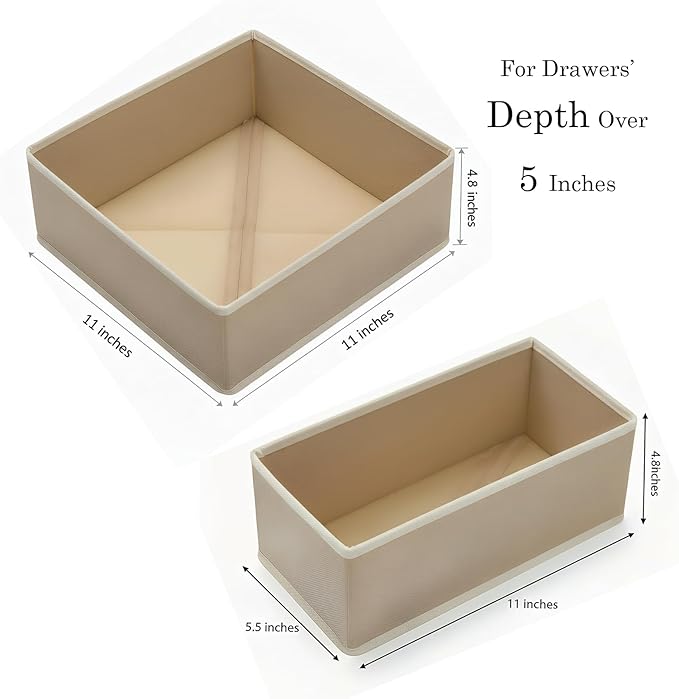 Drawer Organizer Set 6 Pack - Foldable 11" Fabric Storage Bins with Zipper Bottom for Underwear Socks Bras Baby Clothes - Closet Dresser Dividers for Bedroom Nursery, Khaki