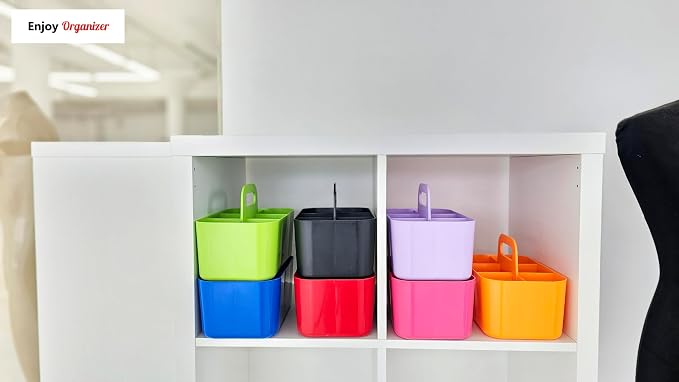 Small Stackable Plastic Caddy with Handle 6 Compartment | Desk, Makeup, Dorm Caddy, Classroom Art Organizers - 4 Pack, Made In USA (Ivory)
