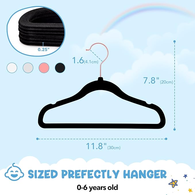 HOUSE DAY Velvet Baby Hangers for Closet, Kids Hangers Velvet 60 Pack, Non Slip Toddler Hanger 11.8 Inch, Durable Childrens Hanger for Newborn Baby Clothes- Black