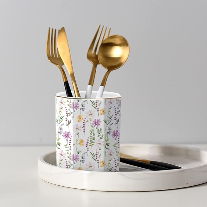 Ceramic Floral Pencil Pen Holder, Cute Stationery Holder for Office, Makeup Brush Holder for Girl Women, Pretty Flower