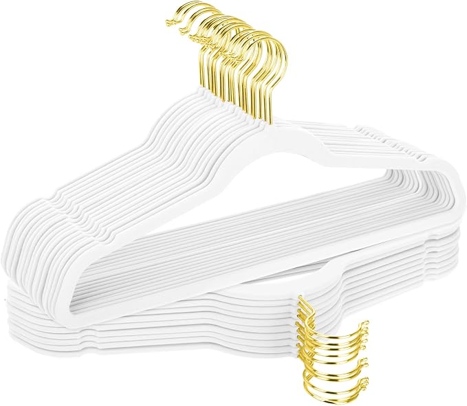 TIMMY 36-Pack Velvet Hangers with Gold Hooks - Space-Saving Non-Slip Heavy-Duty Clothes Hangers for Coats, Suits, Dresses, and Sweaters - Slim Design(White+Gold) (White+Gold, 17inch-36pack)